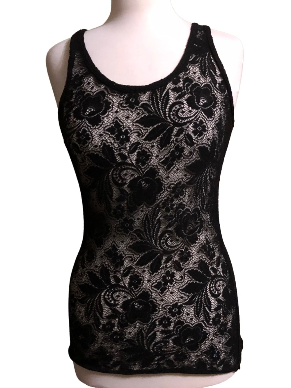 Boutique Royal Plush Black Sheer Floral Lace Tank Top L Made in USA